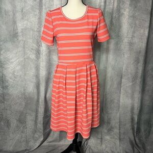 LuLaRoe Amelia Striped Coral & White Dress with Box Pleats and POCKETS - LG